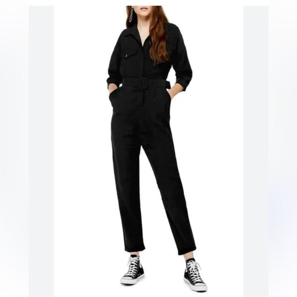 Top Shop Denim Belted Button Up Black Long Sleeve Utility Suit | Size 4 - Picture 1 of 11
